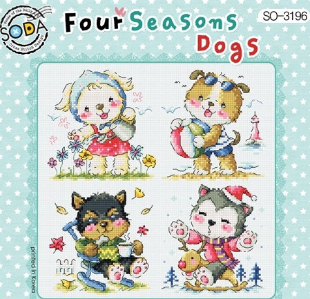 A charming, square-format cross-stitch kit from SODA (Korea) titled 'Four Season Dogs.' The design features four distinct vignettes showing adorable dogs interacting with seasonal elements like spring flowers, summer sun, autumn leaves, and winter accessories. The kit includes 14-count white Aida cloth, full skeins of DMC embroidery threads, and a needle. The finished design measures 21.5 cm wide by 22 cm high.