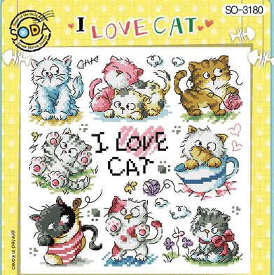A square-format cross-stitch kit from SODA (Korea) titled 'I Love Cat.' The design features several whimsical, illustrative cats in playful poses alongside heart motifs and 'I Love Cat' text. The kit includes 14-count white Aida cloth, full skeins of DMC embroidery threads, and a needle. The finished design measures 19 cm by 19 cm