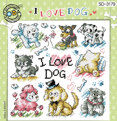 "A square-format cross-stitch kit from SODA (Korea) titled 'I Love Dog.' The design features several whimsical, illustrative dogs of various breeds alongside heart motifs and 'I Love Dog' text. The kit includes 14-count white Aida cloth, full skeins of DMC embroidery threads, and a needle. The finished design measures 19 cm by 19 cm