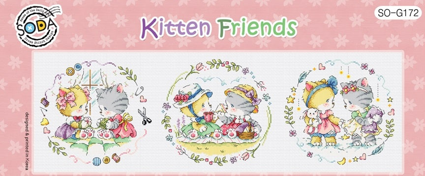 A set of three cross stitch patterns featuring cartoon kittens and flowers, with the text 'Kitten Friends' at the top.