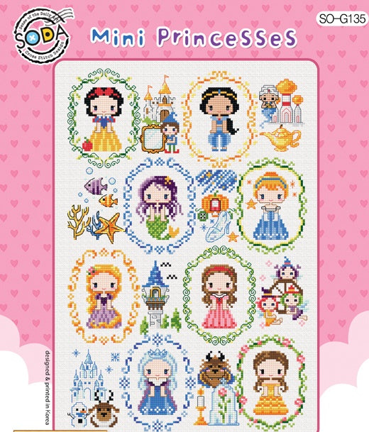 "A large, vertical cross-stitch kit from SODA (Korea) titled 'Mini Princesses.' The design features a row of multiple whimsical, small-scale princesses from various classic fairy tales, each in a signature outfit and modern color palette. The kit includes 14-count white Aida cloth, full skeins of DMC embroidery threads, and a needle. The finished design measures 32cm by 21.5 cm