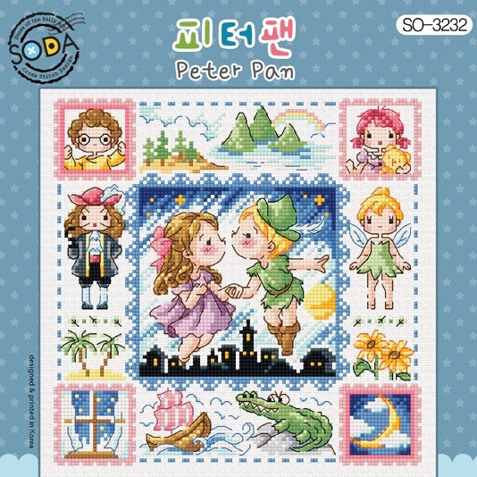 Cross stitch kit depicting characters and scenes from the story 'Peter Pan', with a background of a fairy-tale castle and nature motifs.