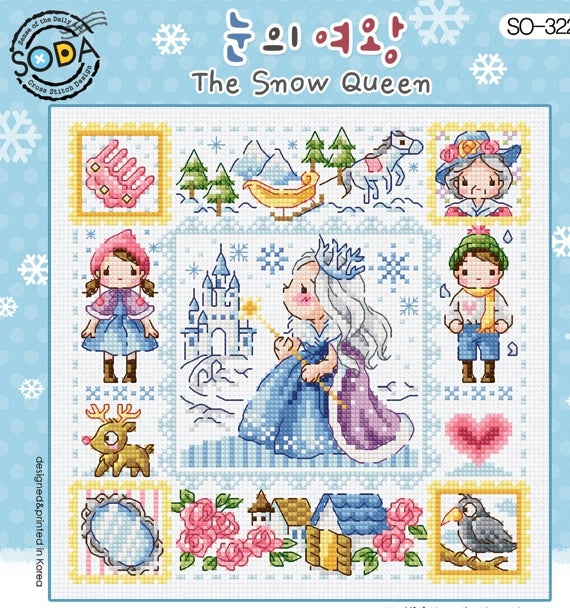 A square-format cross-stitch kit from SODA (Korea) titled 'Snow Queen.' The design features a whimsical illustration of a regal queen with icy blue and silver motifs, surrounded by stylized snowflakes and winter elements in a cool palette of sapphires, aquas, and crisp whites. The kit includes 14-count white Aida cloth, full skeins of DMC embroidery threads, and a needle. The finished design measures 19 cm by 19 cm