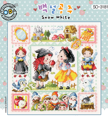A square-format cross-stitch kit from SODA (Korea) featuring 'Snow White.' The design shows a charming, whimsical illustration of Snow White surrounded by iconic motifs like the poison apple, forest birds, and woodland elements. The kit includes 14-count white Aida cloth, full skeins of DMC embroidery threads, and a needle. The finished design measures 19 cm by 19 cm