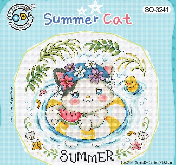 A cross stitch kit image depicting a whimsical cat with a floral headband lying in a pool, surrounded by water lilies. The background is a light blue with a dotted pattern.