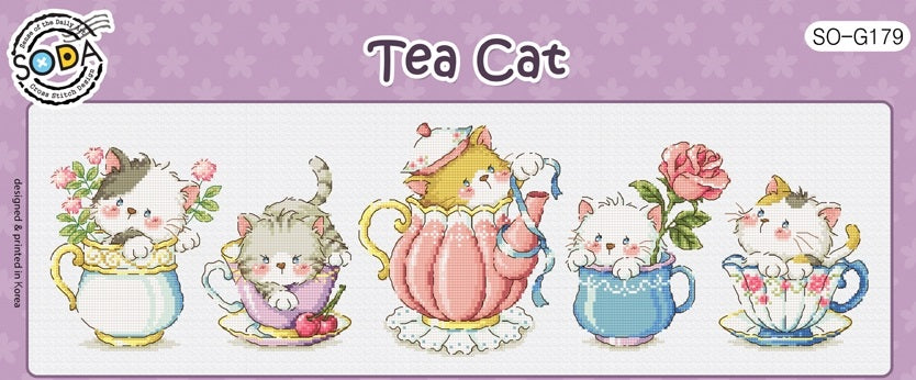 A set of five cross stitch kit images featuring whimsical cartoon cats in tea-related roles, with a purple and gold color scheme and various patterns and accessories.