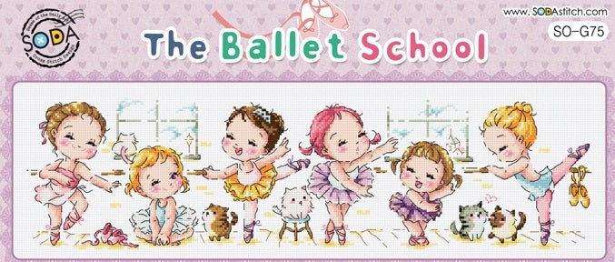 A cross stitch kit depicting a whimsical ballet school scene with various cartoon characters and ballet poses.