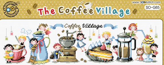 Packaging for 'The Coffee Village' Cross Stitch Kit featuring cartoon-style characters engaging with coffee-making equipment, such as a pot and cups, and a cake.