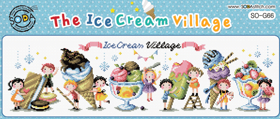 A long panoramic landscape cross-stitch kit from SODA (Korea) titled 'The Ice Cream Village.' The design features a charming street of whimsical ice cream shops, colorful gelaterias, and sweet-themed cottages. The kit includes 18-count white Aida cloth, full skeins of DMC embroidery threads, and a needle. The finished design is a wide landscape measuring 284 stitches wide by 75 stitches high