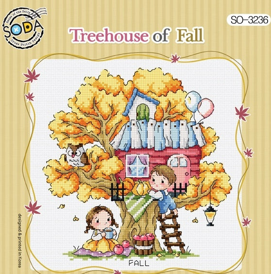 Cross stitch kit image featuring a 'Tree House of Fall' design with characters, trees, and autumn-colored leaves on a light background.