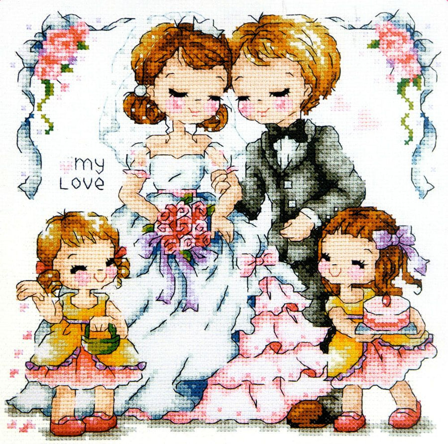 A charming square-format cross-stitch kit from SODA (Korea) titled 'Wedding Story.' The design features a whimsical illustrative narrative of a wedding, including a bride and groom in formal attire surrounded by floral accents and romantic symbols. The kit includes 14-count white Aida cloth, full skeins of DMC embroidery threads, and a needle. The finished design measures 18.5 cm by 18.5 cm