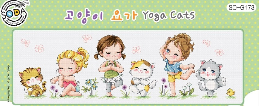 A whimsical panoramic cross-stitch kit by SODA (Korea) titled 'Yoga Cats.' The design features several adorable cats in various yoga poses, including stretching and balancing, alongside tiny yoga mats and peaceful accessories. The kit includes 18-count white Aida cloth, full skeins of DMC embroidery threads, and a needle