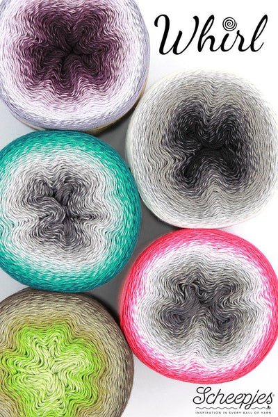 A collection of Scheepjes Whirl Yarn in various color ways, arranged in a grid pattern.