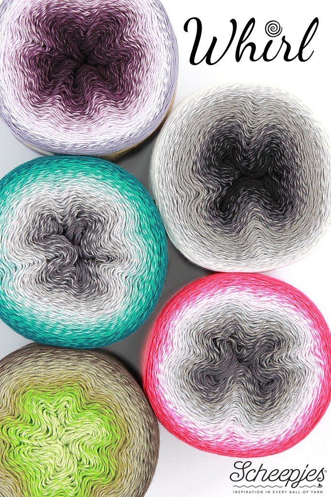 A collection of Scheepjes Whirl Yarn in various color ways, arranged in a grid pattern.