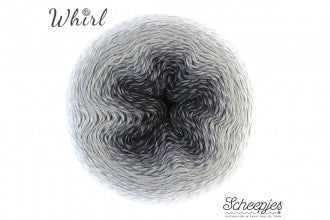 A top-down view of a Scheepjes Whirl yarn cake, highlighting the stunning concentric circles of color and the high-quality, breathable texture perfect for tropical climates like Singapore in black to white gradient