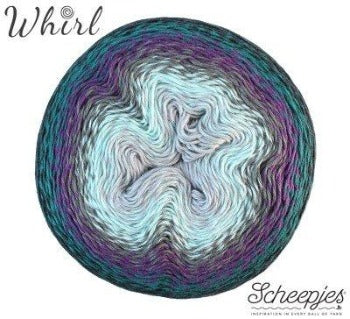 A 215g-225g cake of Scheepjes Whirl yarn, a premium cotton-acrylic blend featuring a smooth, long-gradient color change and approximately 1000 meters of fingering weight fiber from dark purple to light blue