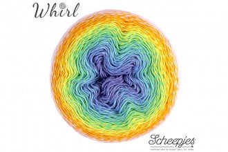 A top-down view of a Scheepjes Whirl yarn cake, highlighting the stunning concentric circles of color and the high-quality, breathable texture perfect for tropical climates like Singapore in a rainbow manner