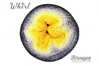 Close-up of a Scheepjes Whirl yarn cake, showcasing the gradual, seamless shift from one vibrant hue to another, designed with a specialized "fuzzy join" to ensure a discreet transition between colors from black to yellow