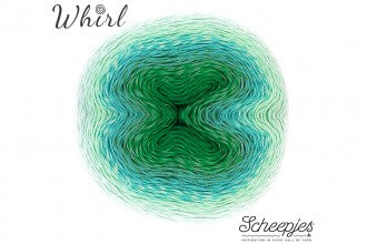 Close-up of a Scheepjes Whirl yarn cake, showcasing the gradual, seamless shift from one vibrant hue to another, designed with a specialized "fuzzy join" to ensure a discreet transition between colors in hues of green