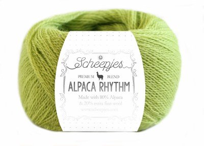 A skein of Scheepjes Alpaca Rhythm yarn in a multicolor pattern, with the brand and product name displayed on the label in lime green colour