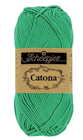 Close-up of Scheepjes Catona 50g yarn showing the smooth, silk-like mercerized finish and crisp stitch definition for detailed crochet and knitting