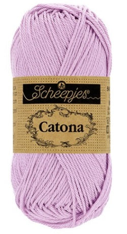 Close-up of Scheepjes Catona 50g cotton showing the smooth, fuzz-free texture and vibrant Light Orchid Color tone for high-definition stitch wor