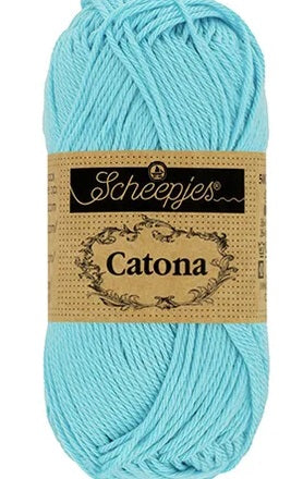 Close-up of Scheepjes Catona 50g in Cyan colour yarn showing the smooth, silk-like mercerized finish and crisp stitch definition for detailed crochet and knitting