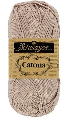 Close-up of Scheepjes Catona 50g cotton showing the smooth, fuzz-free texture and vibrant Soft Beige Color tone for high-definition stitch work