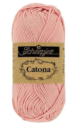 "Close-up of Scheepjes Catona 50g cotton showing the smooth, fuzz-free texture and vibrant Old rose Color tone for high-definition stitch work