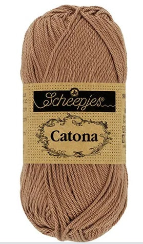 Close-up of Scheepjes Catona 50g cotton showing the smooth, fuzz-free texture and vibrant Hazel tone for high-definition stitch work