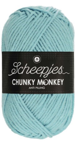 In powder blue yarn Tired of your favorite sweaters looking "fuzzy" after just a few wears? Meet Scheepjes Chunky Monkey. This Aran-weight powerhouse is crafted from premium Anti-Pilling Acrylic, meaning your blankets, cardigans, and hats will look brand new, wash after wash. It’s the perfect "thick and quick" yarn that doesn't compromise on quality.