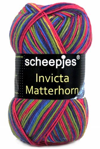 A skein of Scheepjes Invicta Matterhorn sock yarn in multicolor striped pattern.