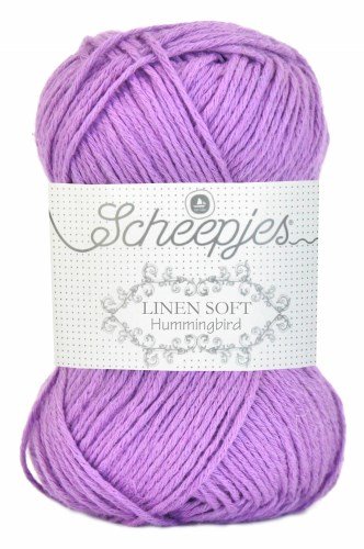 A skein of Scheepjes Linen Soft yarn in Lilac color, with brand label visible.