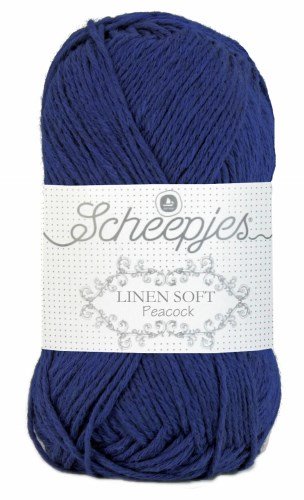 A skein of Scheepjes Linen Soft yarn in Navy Blue color, with brand label visible.
