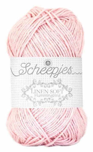 A skein of Scheepjes Linen Soft yarn in Powder Pink color, with brand label visible.