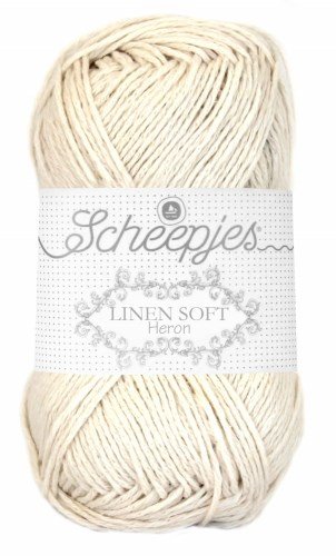 A skein of Scheepjes Linen Soft yarn in beige color, with brand label visible.