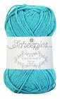 A skein of Scheepjes Linen Soft yarn in sky blue color, with brand label visible.