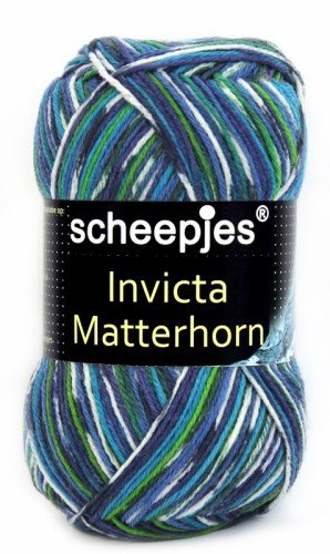 A skein of Scheepjes Invicta Matterhorn sock yarn in multicolor, in blue,green and white striped pattern.