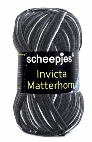A skein of Scheepjes Invicta Matterhorn sock yarn in multicolor  in black, grey and white striped pattern.