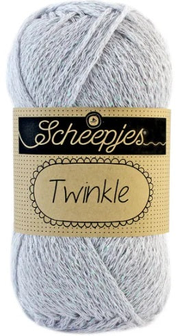Scheepjes Twinkle yarn in Silver Color; a soft cotton-blend yarn featuring a subtle metallic sparkle for festive crochet and knitting