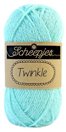 Scheepjes Twinkle yarn in Robin Egg Colour; a soft cotton-blend yarn featuring a subtle metallic sparkle for festive crochet and knitting