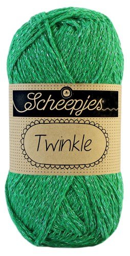 Scheepjes Twinkle yarn in Emerald Insert Color; a soft cotton-blend yarn featuring a subtle metallic sparkle for festive crochet and knitting