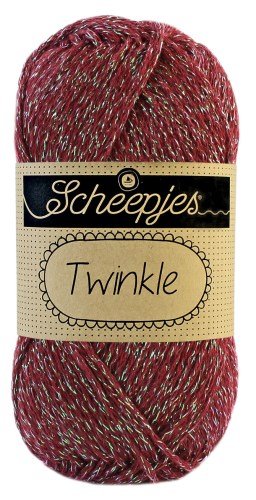 Close-up of Scheepjes Twinkle yarn showing the elegant glittery thread woven into high-quality cotton; perfect for shimmering party-wear and holiday decor.