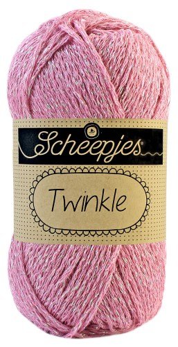 Scheepjes Twinkle yarn in Pink; a soft cotton-blend yarn featuring a subtle metallic sparkle for festive crochet and knitting