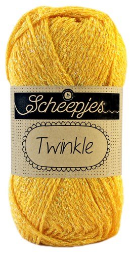 Scheepjes Twinkle yarn in Gold  Color; a soft cotton-blend yarn featuring a subtle metallic sparkle for festive crochet and knitting