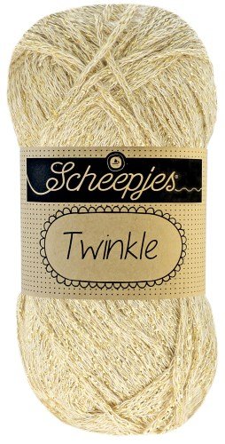 Close-up of Scheepjes Twinkle yarn showing the elegant glittery thread woven into high-quality cotton; perfect for shimmering party-wear and holiday decor