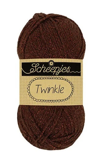 Scheepjes Twinkle yarn in Dark Brown Color; a soft cotton-blend yarn featuring a subtle metallic sparkle for festive crochet and knitting