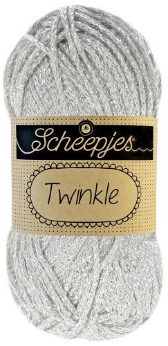 Scheepjes Twinkle yarn in Silver Color; a soft cotton-blend yarn featuring a subtle metallic sparkle for festive crochet and knitting