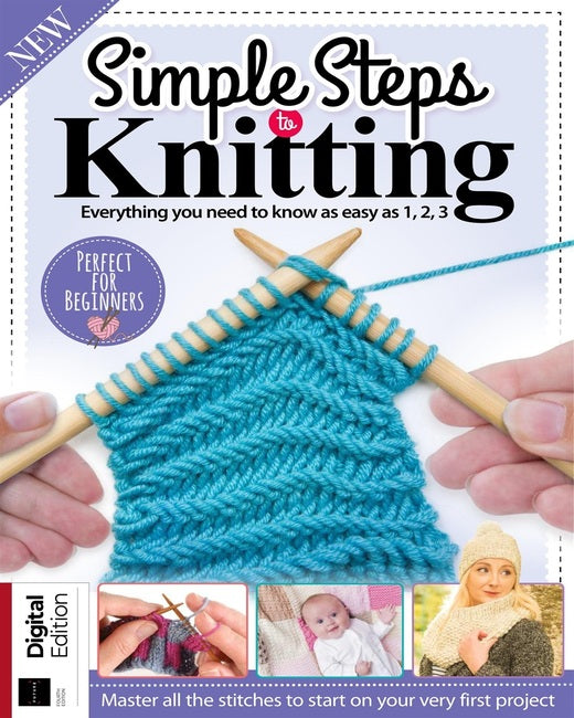 Cover of 'Simple Steps to Knitting' magazine showing a knitted blue fabric and hands holding knitting needles.