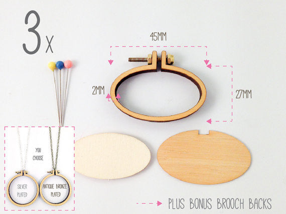 Packaging of Dandelyne Oval Mini embroidery hoop pack containing 3 hoops with attached necklace chains and brooch backs, displayed on a white background.

Close-up of the smooth laser-cut wood of the oval Dandelyne hoop, highlighting the precision-fit center plate and sturdy bolt mechanism
